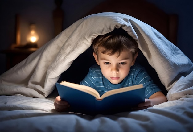 un niño leyendo un libro bajo una manta