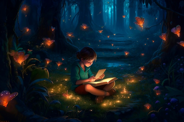 un niño leyendo un libro en medio del bosque