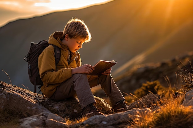 Niño leyendo un libro en las montañas