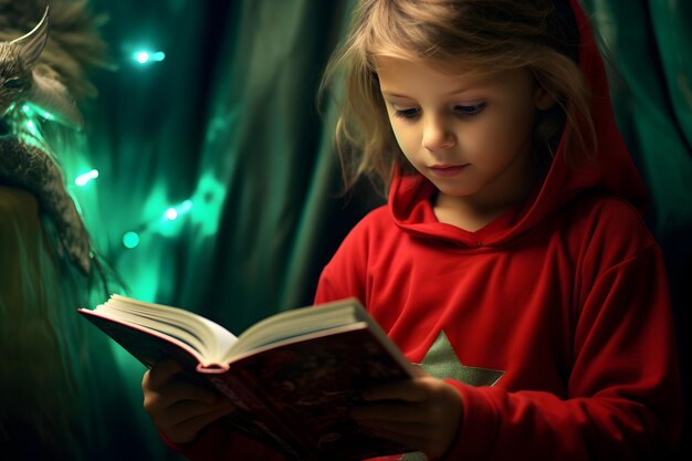 Niño leyendo el libro de Papá Noel al estilo del protagonista juvenil