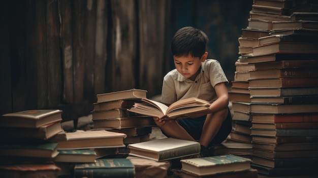 Un niño leyendo un libro en una pila de libros.