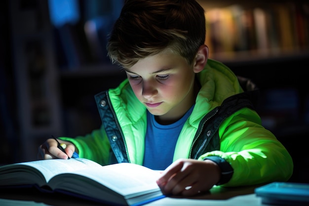 Niño leyendo un libro de texto con un resaltador