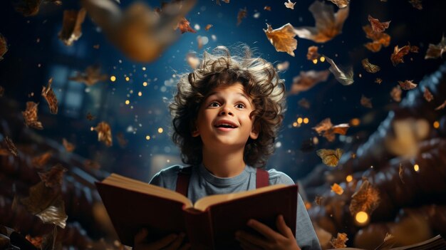 Foto niño con libro abierto y maravillas volando alrededor