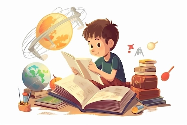 niño, libro de lectura, con, educación, objetos