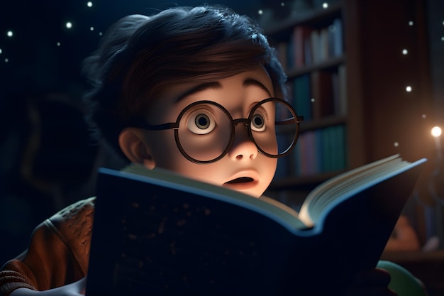 Un niño en un libro leyendo un libro.