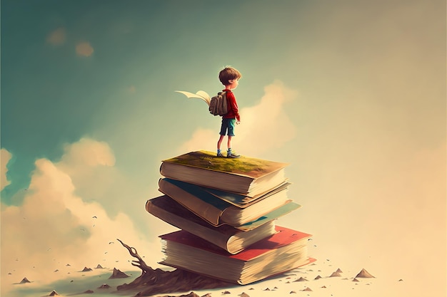 Niño en el libro mágico Niño parado en el libro abierto y mirando otros libros flotando en el aire Pintura de ilustración de estilo de arte digital