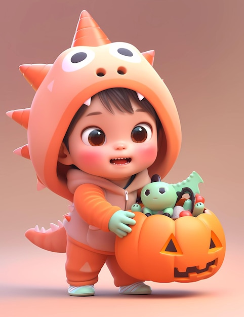 Un niño lindo en 3D con un gracioso disfraz de dinosaurio con tema de Halloween