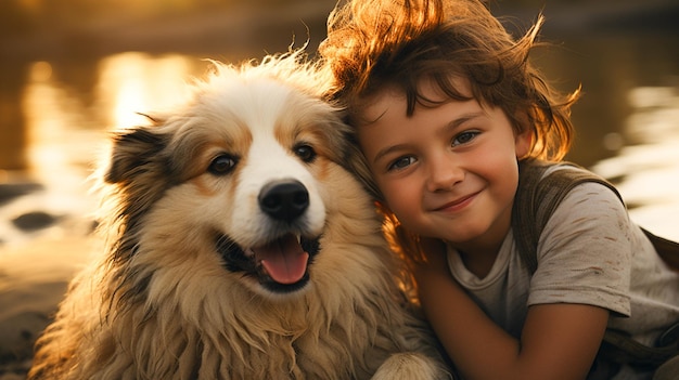 Niño lindo abraza a un perro pequeño que retrata el amor y la inocencia