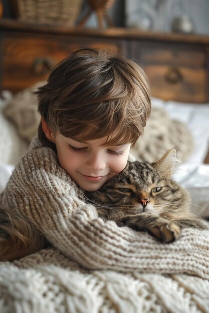 un niño lindo abrazando a un gato grande en la cama concepto de mascota