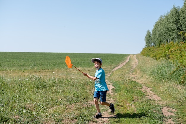 Niño lindo atrapa mariposas con scoop-net en una pradera soleada. Joven explorador de la naturaleza. Actividades de verano para niños curiosos.