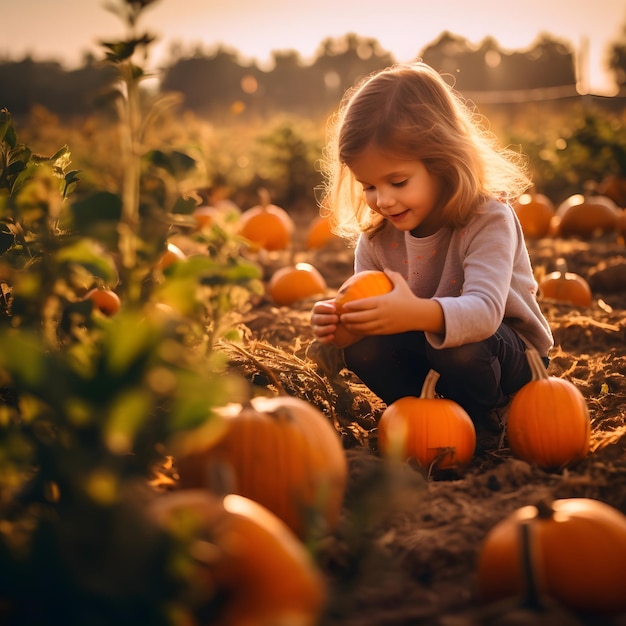 Foto niño lindo está ayudando y recogiendo calabazas en la granja aldea cottage core día de acción de gracias natural