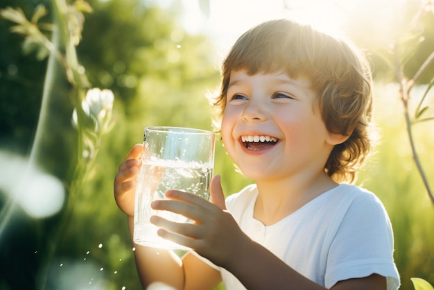 Un niño lindo bebe agua de un vaso en la naturaleza en el pueblo