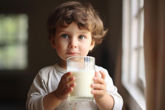 Foto niño lindo bebiendo leche por la mañana en casa