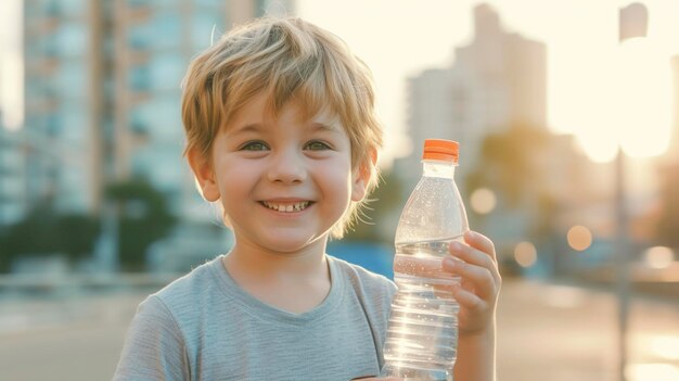 Un niño lindo con una botella de agua limpia en la mano