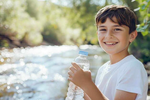 Un niño lindo con una botella de agua limpia en la mano