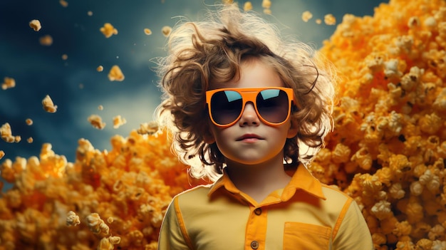 Un niño lindo con el cabello rizado y gafas de sol amarillas