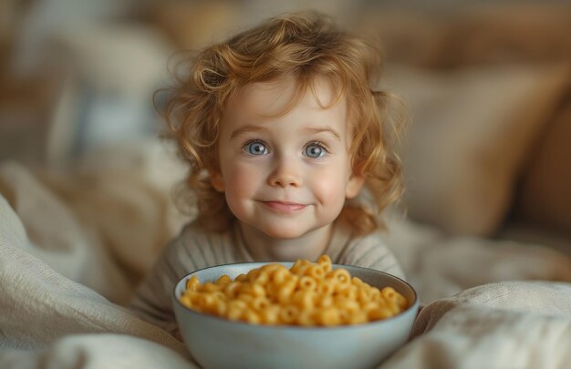 un niño lindo con el cabello rizado sosteniendo un cuenco de cereales de desayuno montaje de fotos