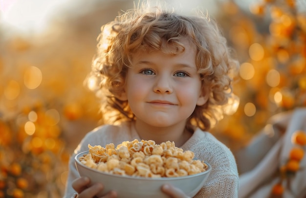 un niño lindo con el cabello rizado sosteniendo un cuenco de cereales de desayuno montaje de fotos