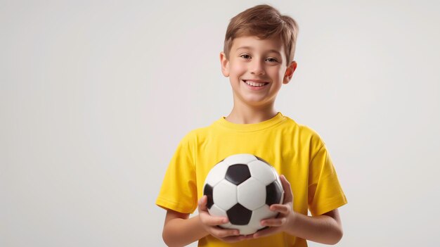 Un niño lindo con una camiseta amarilla sostiene una pelota de fútbol en sus manos posando en el estudio concepto de fútbol