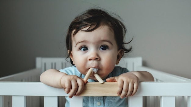 Niño lindo chupando una tabla de madera de la cuna blanca