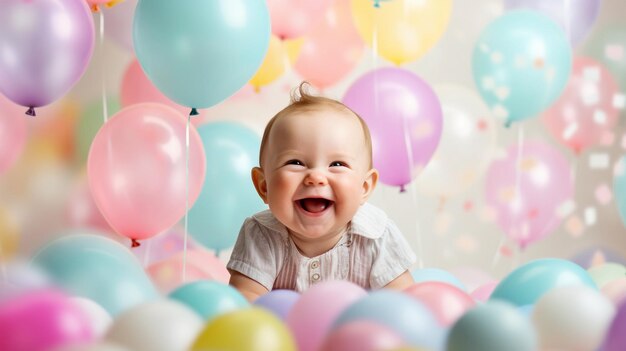 un niño lindo con coloridos globos de acuarela