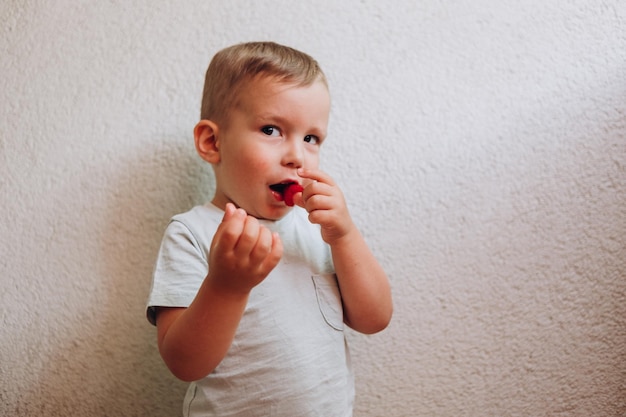 niño lindo comiendo frambuesas en un fondo gris