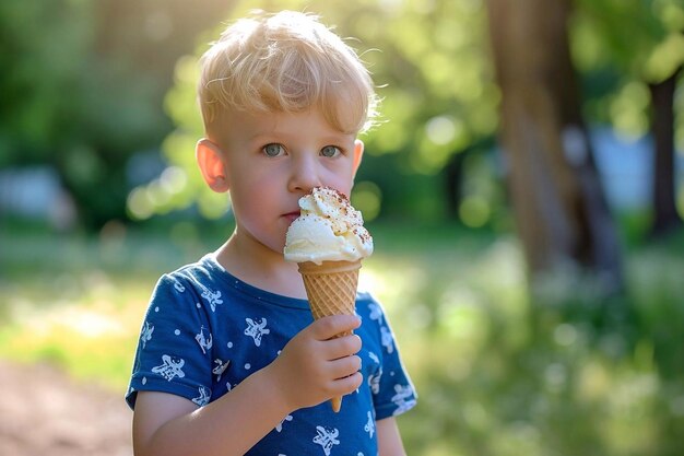 Un niño lindo comiendo helado en el parque.