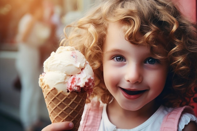 Un niño lindo con un cono de waffle relleno de delicioso helado