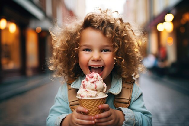 Un niño lindo con un cono de waffle relleno de helado saboreando los sabores