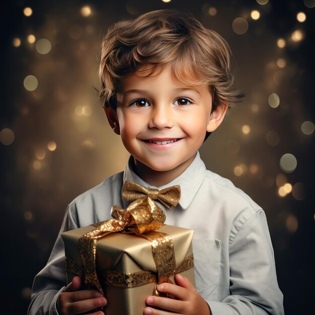 Foto un niño lindo dando una expresión chocante mientras sostiene una caja de regalos
