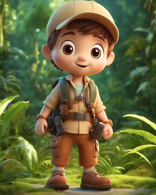 Foto un niño lindo de dibujos animados en 3d de pie aislado en el fondo de la selva borrosa