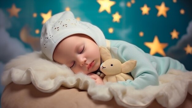 Foto niño lindo durmiendo con decoración de navidad año nuevo y concepto de navidad