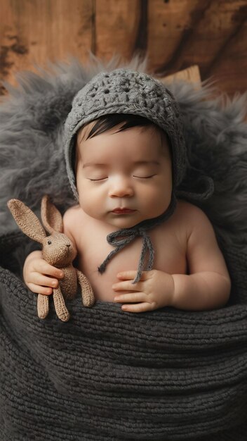 Niño lindo durmiendo con sombrero de ganchillo gris y con un conejo de juguete