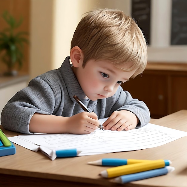 Foto un niño lindo estudia en la mesa generada por ai