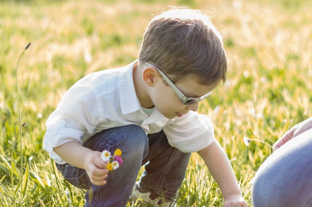 Niño lindo feliz recogiendo un ramo de flores en el campo soleado