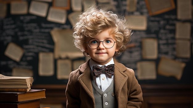 Un niño lindo con gafas antiguas y corbata