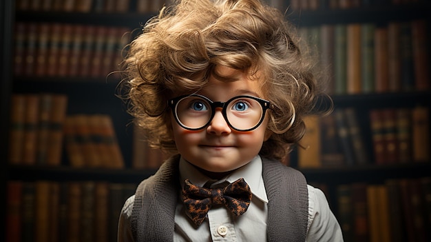 Un niño lindo con gafas antiguas y corbata