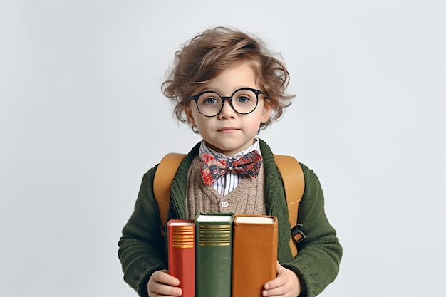 Niño lindo con gafas sosteniendo libros listos para volver a la escuela sobre un fondo blanco