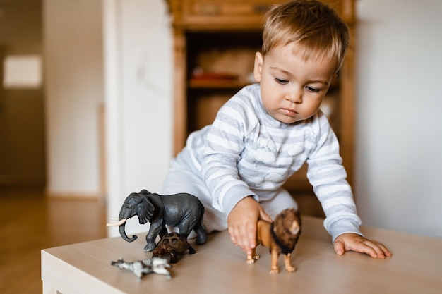 Foto un niño lindo en el interior de una casa jugando con figuras de juguetes de animales salvajes