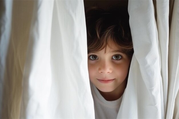 un niño lindo juega al escondite detrás de cortinas blancas en casa