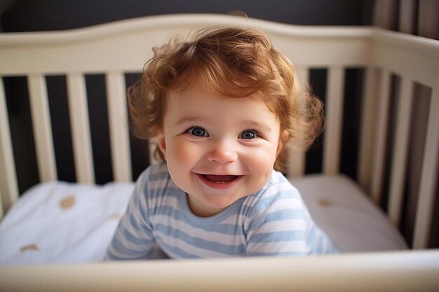 Un niño lindo jugando en la cuna en casa.