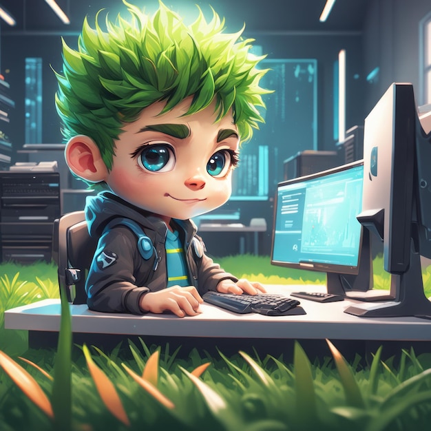 un niño lindo jugando a un juego de computadora un niño de dibujos animados lindo jugar a un videojuego con la computadora un lindo li