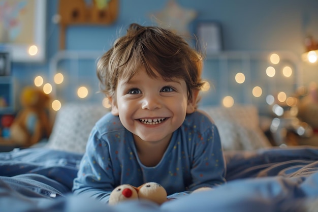 Niño lindo jugando con juguetes disfrutando y riendo en su habitación mientras se ríe