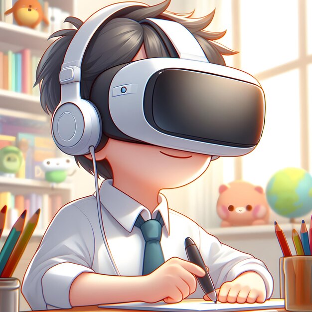 Un niño lindo con lápiz y papel usando gafas de realidad virtual para la educación