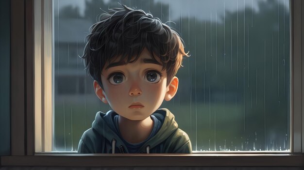 Un niño lindo mirando por una ventana con una expresión sombría en un día de lluvia