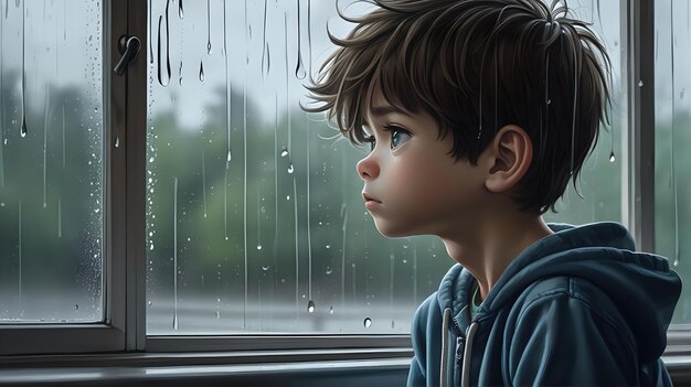 Foto un niño lindo mirando por una ventana con una expresión sombría en un día de lluvia