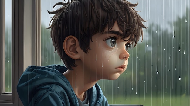 Un niño lindo mirando por una ventana con una expresión sombría en un día de lluvia