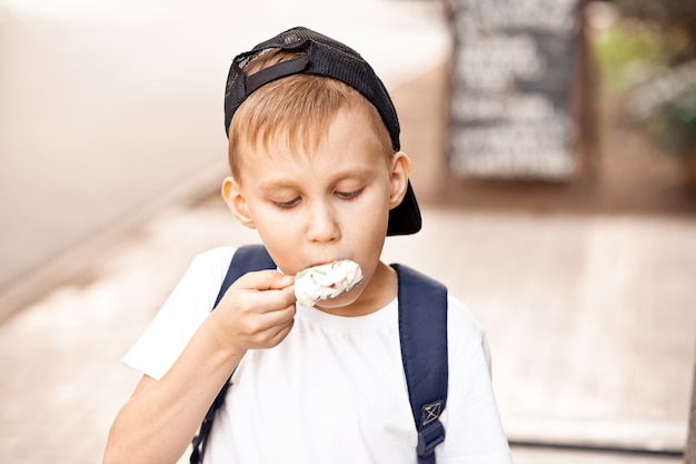 Niño lindo niño comiendo helado al aire libre en un parque
