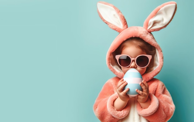 Niño lindo niño lleva disfraz de conejo conejo y gafas de sol sosteniendo un huevo de Pascua en un backgr pastel