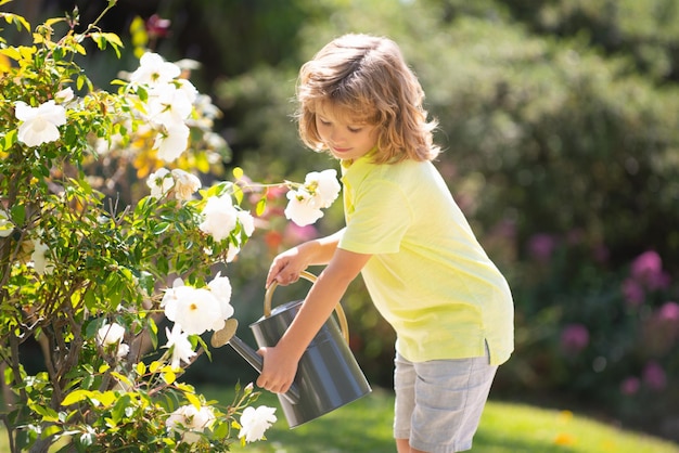 Niño lindo niño regando plantas y rosas con regadera en el jardín niño en camiseta de verano sonriendo